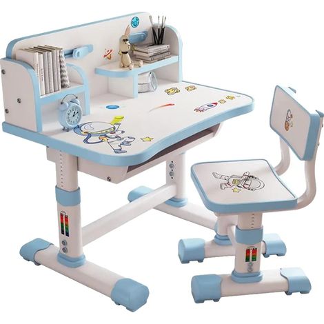 Ensemble Bureau et Chaise pour Enfants, Hauteur Réglable, Design Ergonomique, Bleu (1/2)