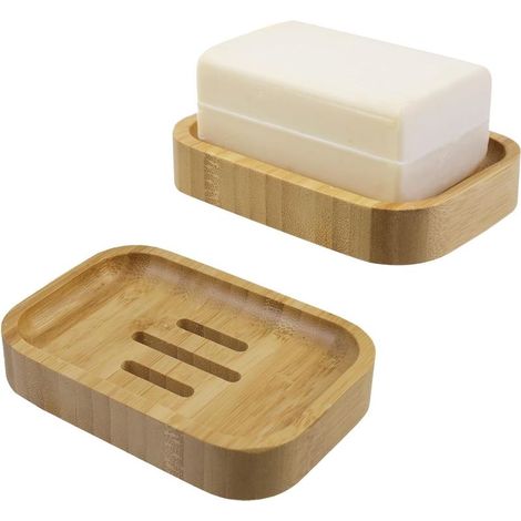 Set of 2 Natural Wood Bamboo Soap Dish Holder for Bathroom Kitchen Sponges Storage Accessories (1/5)