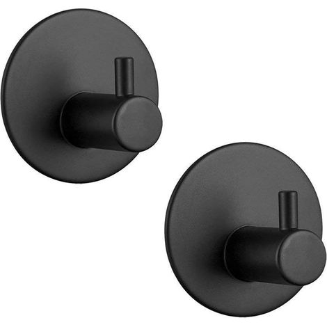 (2 Pièces)Crochet Adhésif  Crochet Mural Salle De Bains En Acier Inox Crochets Serviettes Pour Bain Cuisine Toilettes Placards Noir Rond