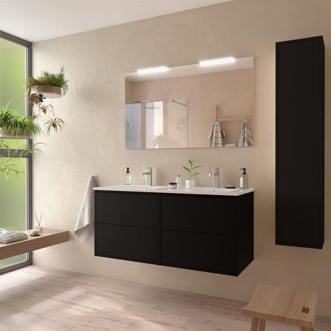 Komplett-Set OPTIMUS 1200 BLACK SATIN + Waschtisch + Spiegel + Leuchte (1/2)