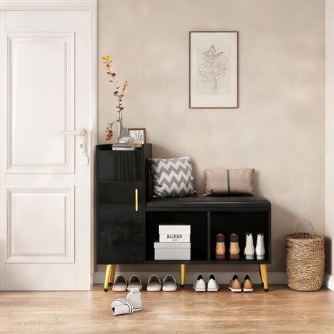 Meuble à chaussures d'entrée noir laqué avec banquette matelassée (1/5)