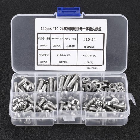 Lot de 140 vis à tête fraisée Phillips en acier inoxydable 10-24, avec boîte de rangement en plastique (1/5)
