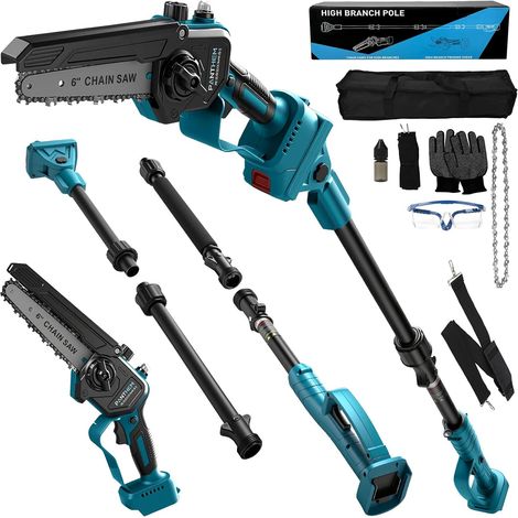 Telescopic Pole Pruner Compatible with 18V (without battery) Electric 6 Inch Mini Chainsaw Cordless 90° Swivel Head, Automatic Greaser Light and Handy (1/5)