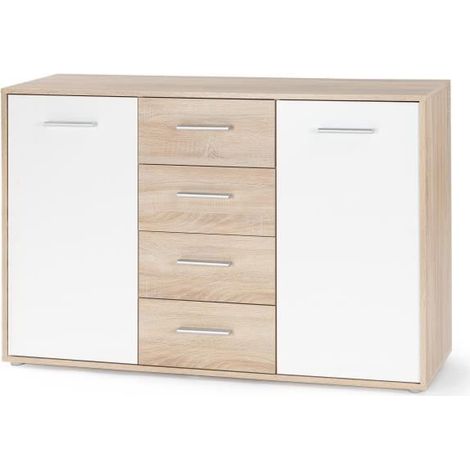 Buffet bas PILVI - 2 portes et 4 tiroirs - Blanc et chene sonoma - L 122,6 x P 34,2 x H 81,1 cm (1/5)