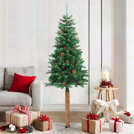Sapin de Noël mince avec bois véritable et cônes vert-Décoration de Fête pour Noël 180cm PVC 354692 (1/5)