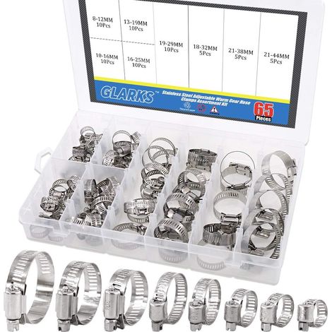 Lot de 65 colliers de serrage réglables en acier inoxydable 304, gamme de 8 à 44 mm, pour tuyau d'eau, plomberie, automobile et application mécanique (1/5)