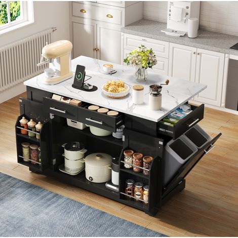 REDOM isla de cocina 138x86x92 cm, encimera abatible, espacio extraíble para basura, MDF negro (1/5)