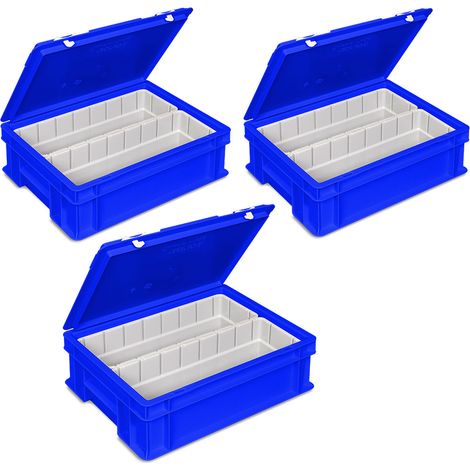BRB 3x Euro-Deckelbehälter mit 2 Einsatzkästen 1/2, LxBxH 400x300x130 mm, blau (1/3)