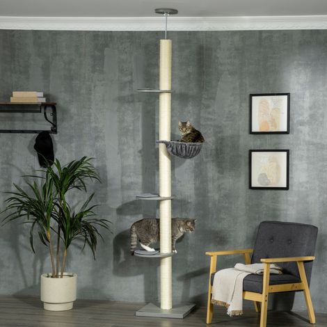 Árbol para gatos de techo ajustable 230-250 cm con hamaca gris y crema DESVIAE (1/5)