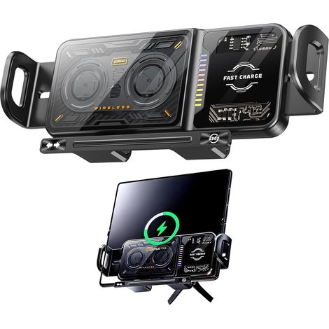 Chargeur de voiture sans fil 20 W  Support automatique avec rotation à 90° et lumière LED  Support de téléphone portable 2 en 1 pour buses d'aération, tableau de bord, pare-brise  Charge rapide (1/5)