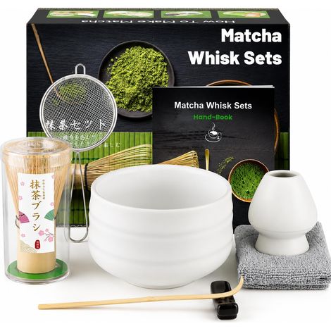 Kit Matcha - 7 Pièces, Fouet Matcha En Bambou Naturel, Kit Avec Bol En Céramique, Tamis, Cuillère, Support Et Serviette Absorbante, Kit Débutant, Blanc Mat (1/5)
