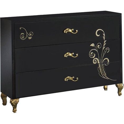 Commode 3 grands tiroirs design bois laqué noir et doré Jade 118cm (1/3)