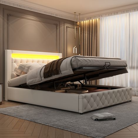 Cama tapizada 140x200 cm blanca de PU con canapé abatible e iluminación LED (1/5)