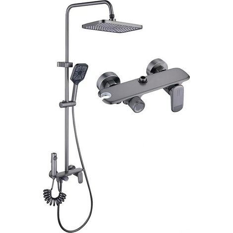 Ensemble de douche mural salle de bain avec robinet 4 sorties d'eau, type bouton, effet pluie et système pressurisé (1/5)