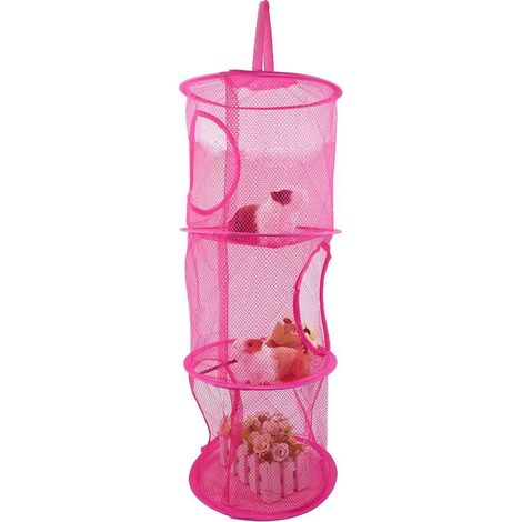 Sacs de rangement suspendus en maille, organisateur de stockage en maille pliable à 3 couches Panier de rangement suspendu en maille pour sous-vêtements, chaussettes, jouets pour enfants(Rose rouge) (1/2)