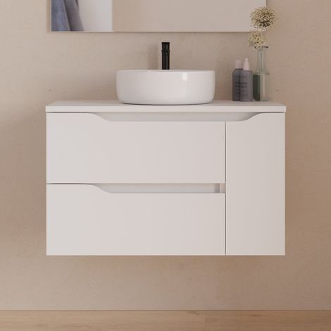 Meuble de salle de bain 80cm avec plateau et vasque à poser centrée Ares - sans miroir - 2 tiroirs et un placard - blanc - ZARZA