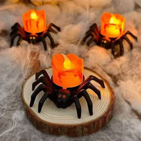 Veilleuse bougie araignée Halloween avec motif œil décoratif, lumière d’ambiance orange pour table, fête, maison et décoration de soirée. (1/5)