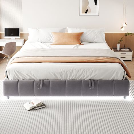 Letto imbottito moderno 180x200 cm grigio, senza testiera, con contenitore idraulico e luce LED bianca (1/5)