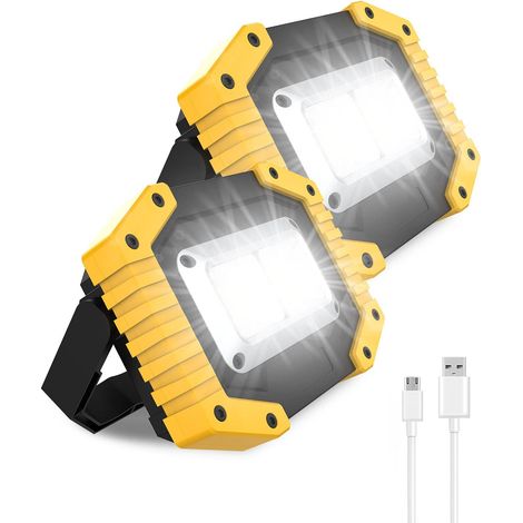 Lot de 2 projecteurs de chantier LED 30 W rechargeables super lumineux 3 modes d'éclairage Lampe de travail étanche COB USB Lampe de camping pour garage, extérieur, camping, urgence, chantiers de