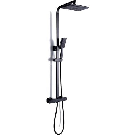 Système de douche thermostatique, pomme de douche pluie, longueur réglable, noir (1/2)