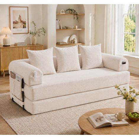 Modulares 3-Sitzer-Sofa aus beige Cord mit Metallrahmen und 3 Kissen (1/5)