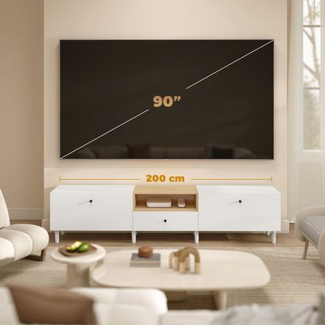 Meuble TV 200 cm pour téléviseur jusqu'à 229 cm, 2 compartiments à rabat, étagère ouverte, tiroir, 8 pieds, panneau de particules, blanc (1/5)