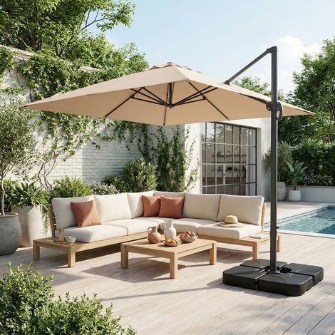 Parasol déporté rectangulaire 3x4m + dalles à lester 50x50cm beige - Wimereux + Fixeo