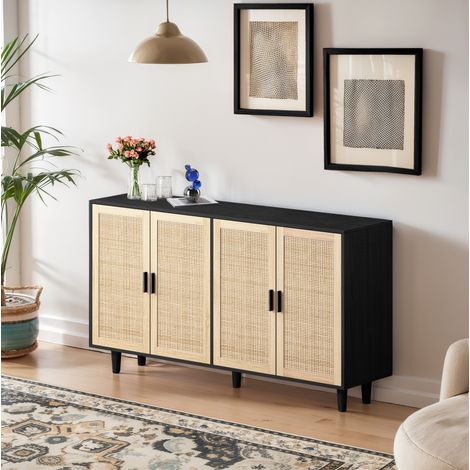 158CM Elegant and Functional 4-Door Rattan Decorative Storage Cabinet,for Bedroom,Living Room,Office,Black158CM Eleganter und funktioneller 4-türiger Rattan Schrank für Schlafzimmer, Wohnzimmer, Büro (1/5)
