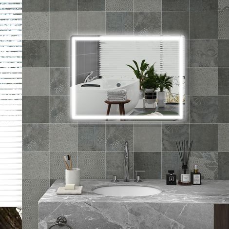 Miroir LED de salle de bain rectangulaire 60 x 80 cm, antibuée, tactile, avec mémoire et cadre léger en alliage d’aluminium, finition argentée  CHICFURN (1/5)