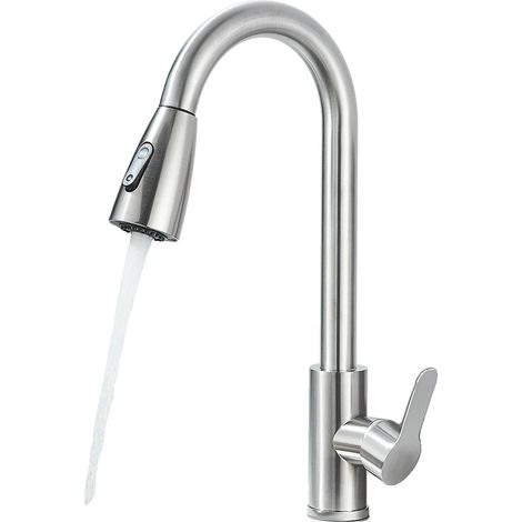 Grifo de cocina con rociador flexible accionado por cordón, diseño monomando, acabado en níquel cepillado. (1/2)