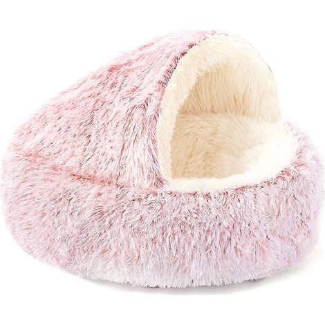 Höhlenbett für kleine Hunde und Katzen, beruhigendes, angstlösendes Plüschbett, gemütliches und flauschiges Bett mit Kapuze für Welpen, waschbarer Schlafsack mit rutschfester Unterseite (40 cm, rosa) (1/5)