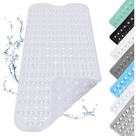 Tapis de Douche Antidérapant, 100x40cm Tapis de Douche Antidérapant avec Ventouses, Tapis de Bain Antidérapant Long, Tapis de Douche avec Trous D'évacuation, Design Galets, Blanc Transparent (1/5)