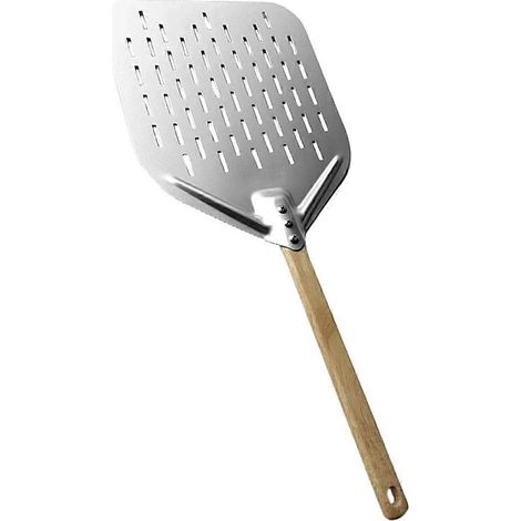 30 cm langer, antihaftbeschichteter Pizzaschieber aus Metall mit Holzgriff und Transferplatte zur Zubereitung von hausgemachten Pizzen und Kuchen. (1/5)