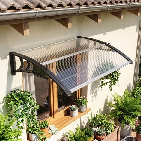 Auvent de porte d'entrée, toit marquise de porte exterieur en polycarbonate et profil aluminium résistante toit abri protection contre la pluie et UV pour terrasse, balcon, 100x75cm, transp. (1/5)