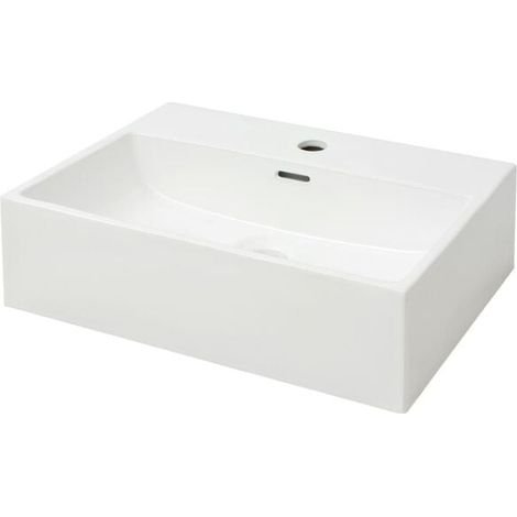 Lavabo en céramique blanche avec trou pour robinetterie, dimensions : 51,5 x 38,5 x 15 cm (1/5)