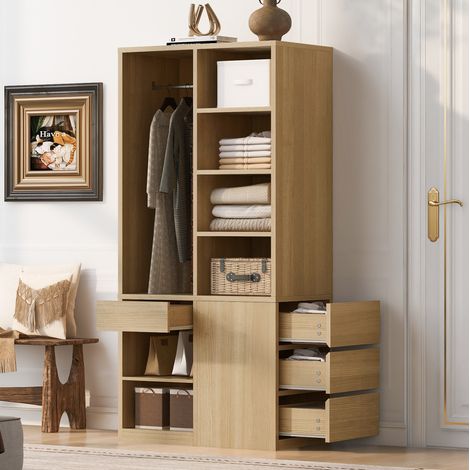 Armoire dressing 91 x 47 x 170 cm avec penderie, étagères et tiroirs, bois naturel OKMYHOME (1/5)