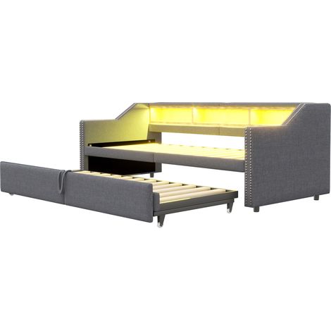 Divano letto trasformabile 90/180 x 200 cm grigio scuro con contenitori, LED e USB (1/5)