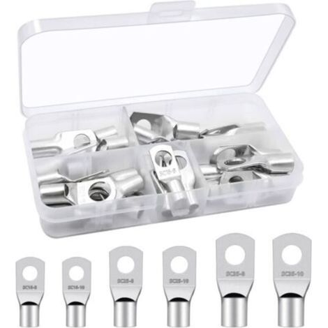 Kit de 30 manchons à sertir en cuivre étamé – sections 16/25/35 mm² – forme ronde avec bague filetée M8/M10 – haute conductivité électrique – idéal pour connexions de batteries automobiles