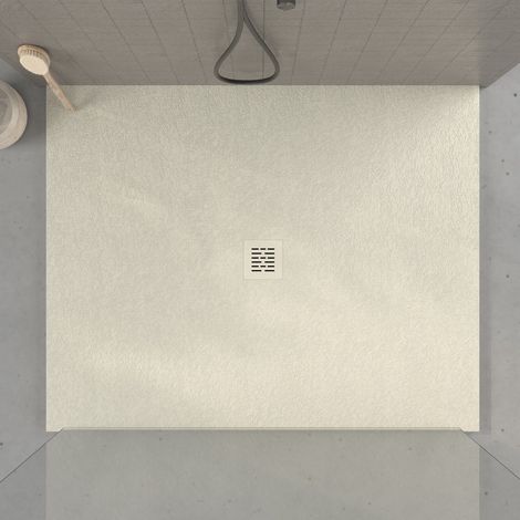 Receveur de douche 110x110 cm extra plat en résine minérale CENTRO surface ardoisée sable Grille sable (1/5)