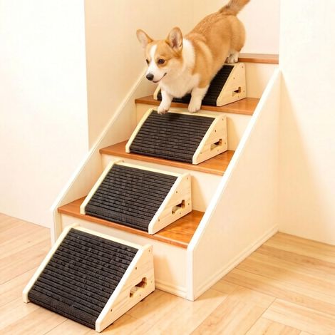 Lot de 4 rampes d'escalier pour chien en bois avec tapis antidérapant pour petits chiens et chats, marches pour animaux domestiques âgés ou blessés (1/5)