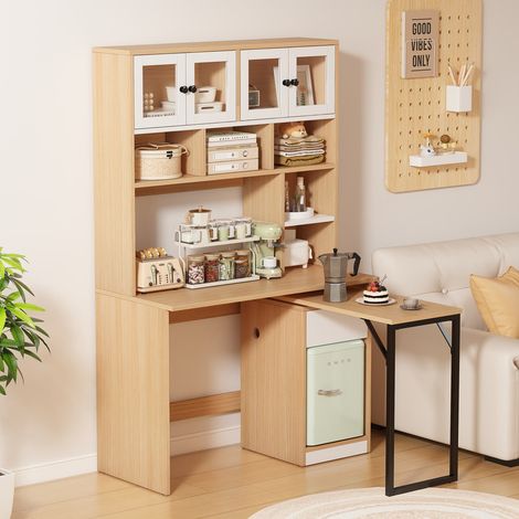 Bureau pour ordinateur avec rangements, bureau armoire – Table de travail multifonctionnelle – Blanc et bois naturel – 180 cm (1/5)