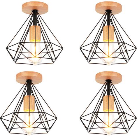 Lot de 4 Rétro Plafonnier Industrielle E27 25cm Lampe Plafonnier en Métal et Bois Noir (1/5)