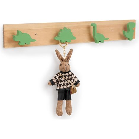 Relaxdays Appendiabiti per bambini Dino, barra a parete con 4 ganci, 7x50x4 cm, legno e MDF, naturale/verde (1/5)