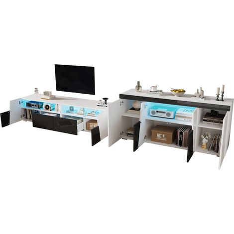 ELVMI TV Möbelset mit TV Schrank und Sideboard, LED Beleuchtung per App, Spanplatte und MDF, Weiß Schwarz (1/5)