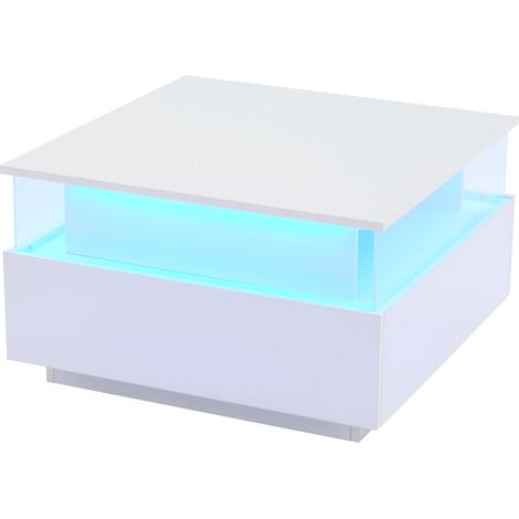 Table basse blanche moderne laquée avec LED, 70 x 70 x 41 cm, 2 tiroirs et espace de présentation transparent (1/5)