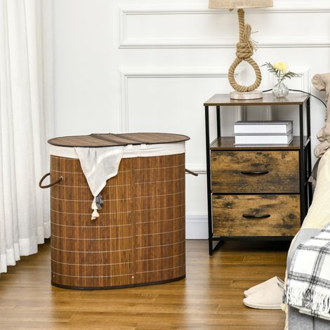 Cesto para ropa 100 L con tapa y asas, bambú marrón, 2 compartimentos DESVIAE (1/5)