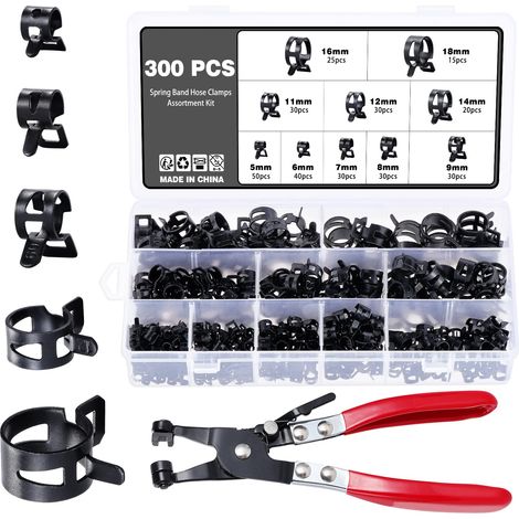 300 Pcs Clip à Ressort Tuyau Serre joints 10 Tailles Tuyaux Colliers de Clip à Ressort Tuyau Serrage Ajustable de Tailles 5-18mm,Avec une Pince à Collier de Serrage (1/5)