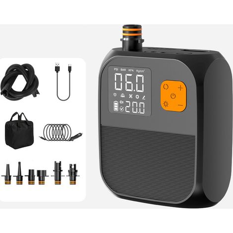 Pompe à paddle portable 25 PSI, compresseur d'air électrique haute pression avec batterie externe, 6 embouts et lumière LED pour bateau gonflable, planche de surf, stand-up paddle, matelas pneumatique (1/5)