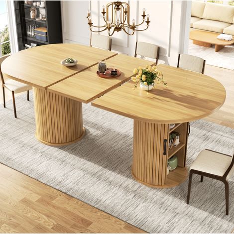 Ausziehbarer Esstisch, vielseitiger Küchentisch mit Metallgriffen, platzsparend für kleine Räume, multifunktionaler Tisch, verdecktem Staufach, Naturbraun, 150-190cm (1/5)