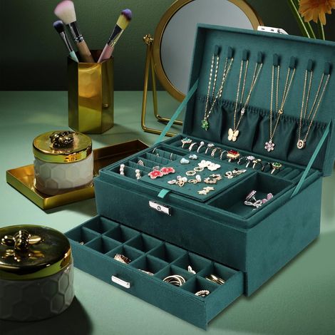 Joyero de terciopelo de tres capas, con cerradura y gran capacidad para guardar joyas. (1/5)